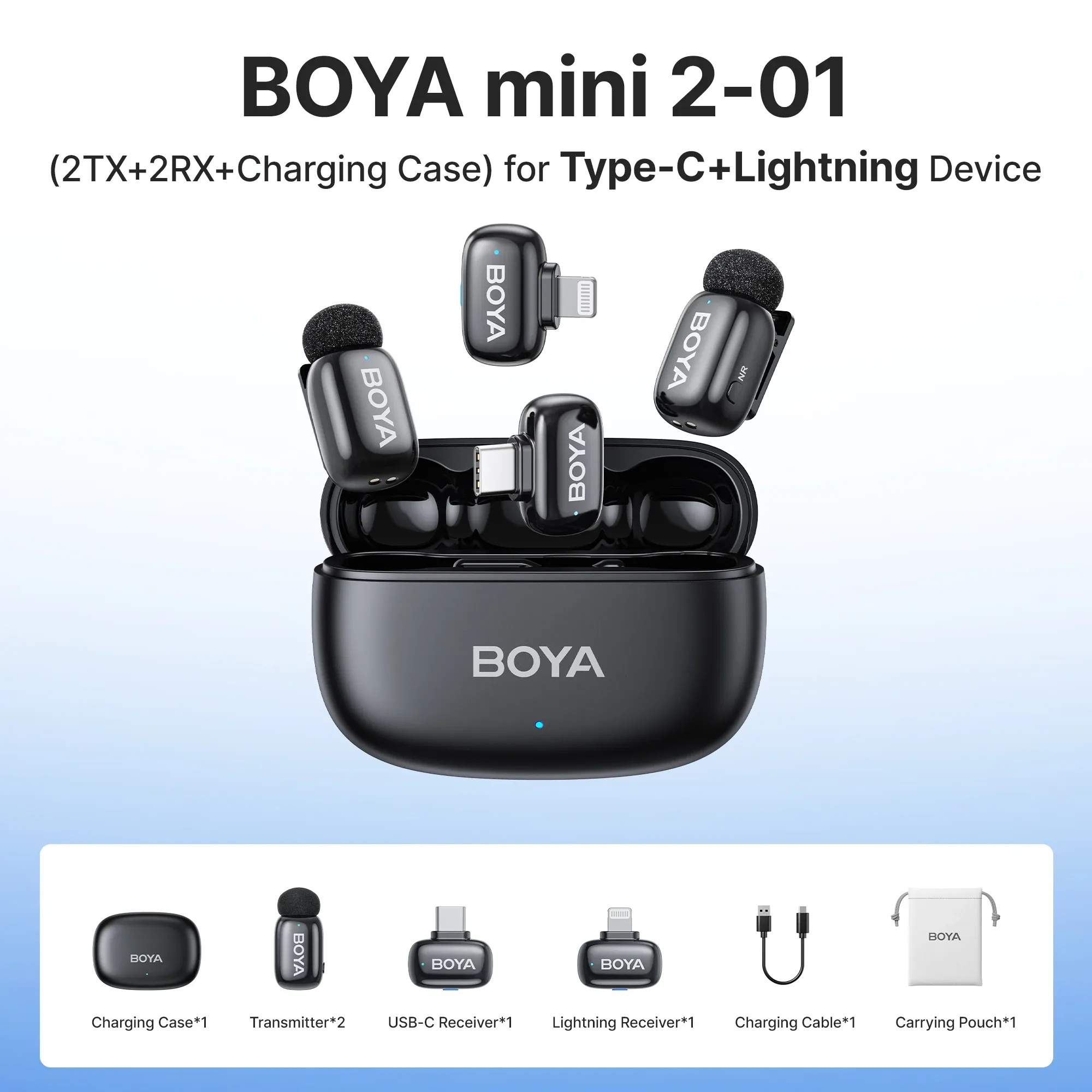 Microphone cravate sans fil BOYA Mini 2 à réduction de bruit par IA, compatible iPhone et Android, connecteur USB-C pour l'enregistrement vidéo 11