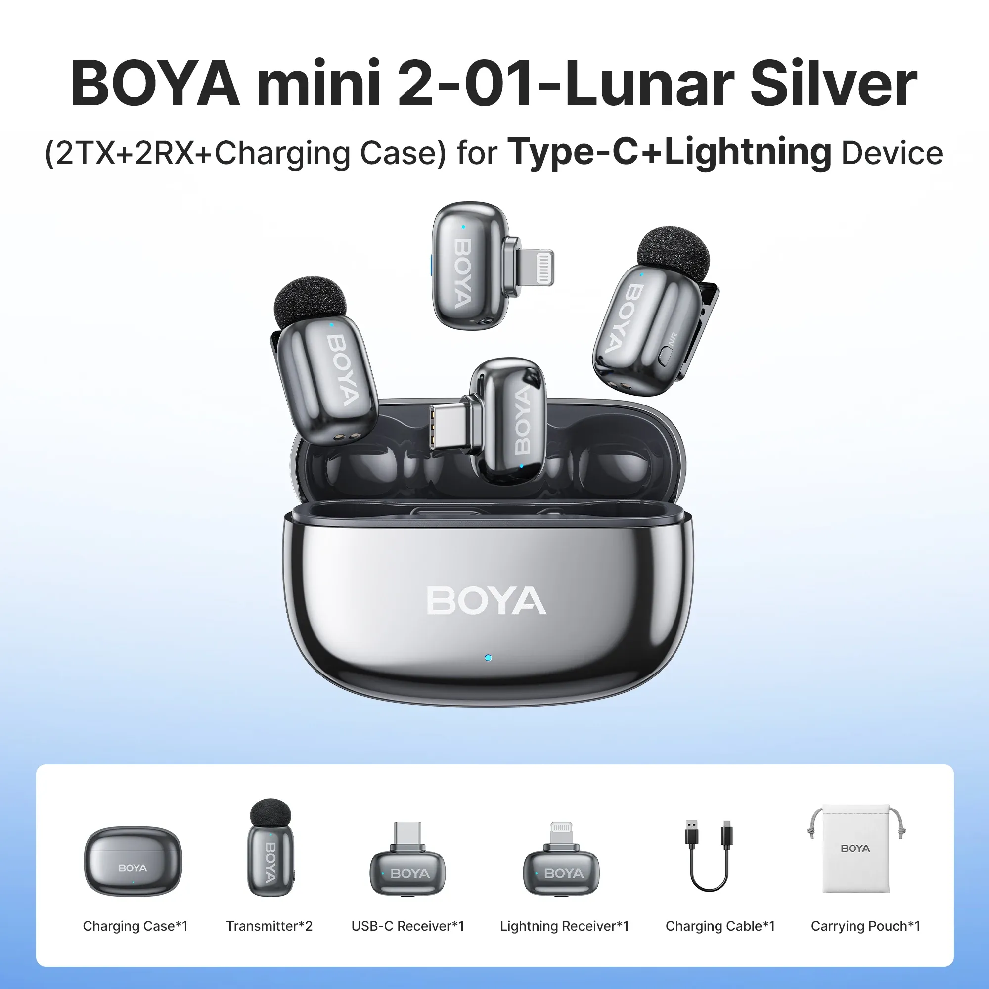 Microphone cravate sans fil BOYA Mini 2 à réduction de bruit par IA, compatible iPhone et Android, connecteur USB-C pour l'enregistrement vidéo 12