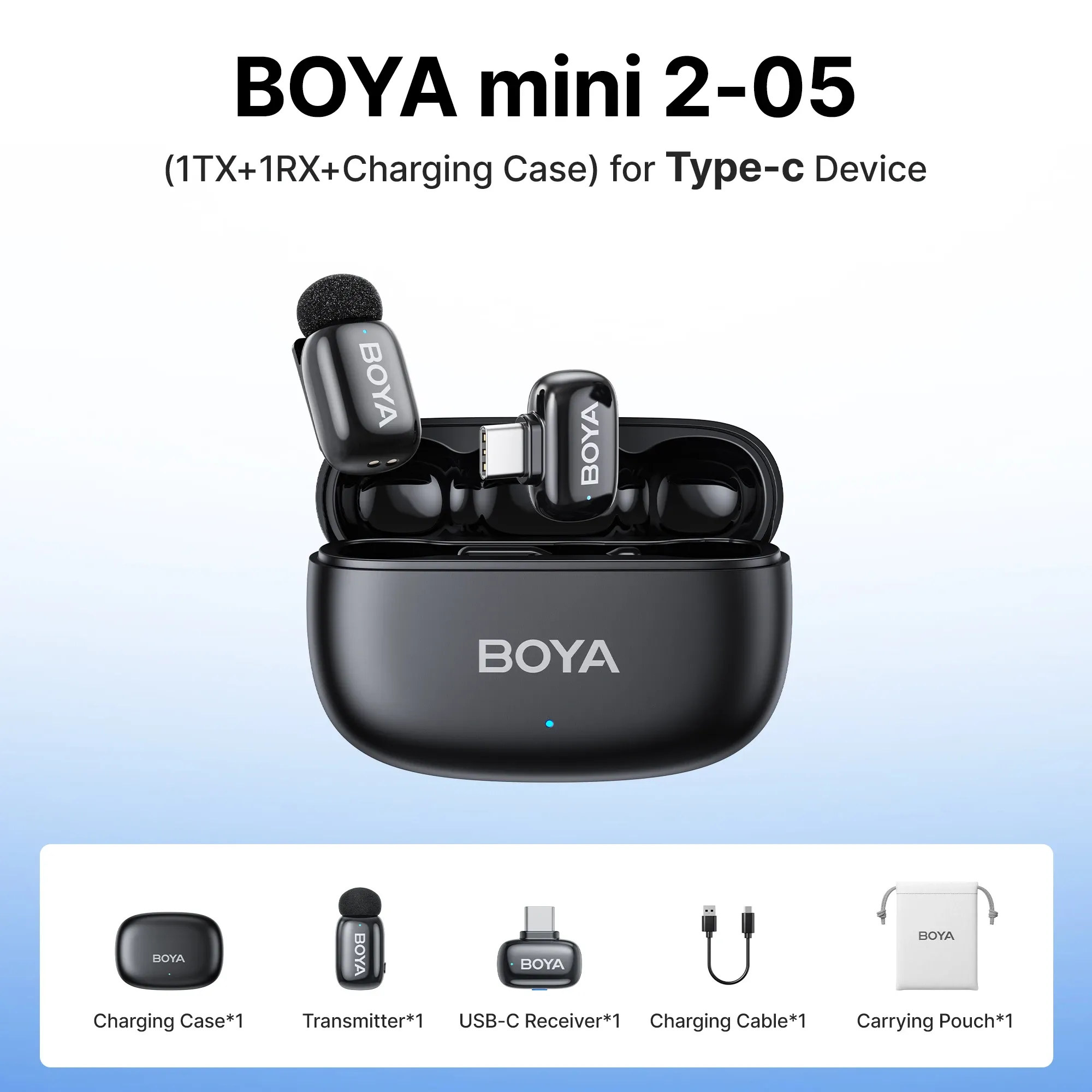 Microphone cravate sans fil BOYA Mini 2 à réduction de bruit par IA, compatible iPhone et Android, connecteur USB-C pour l'enregistrement vidéo 9