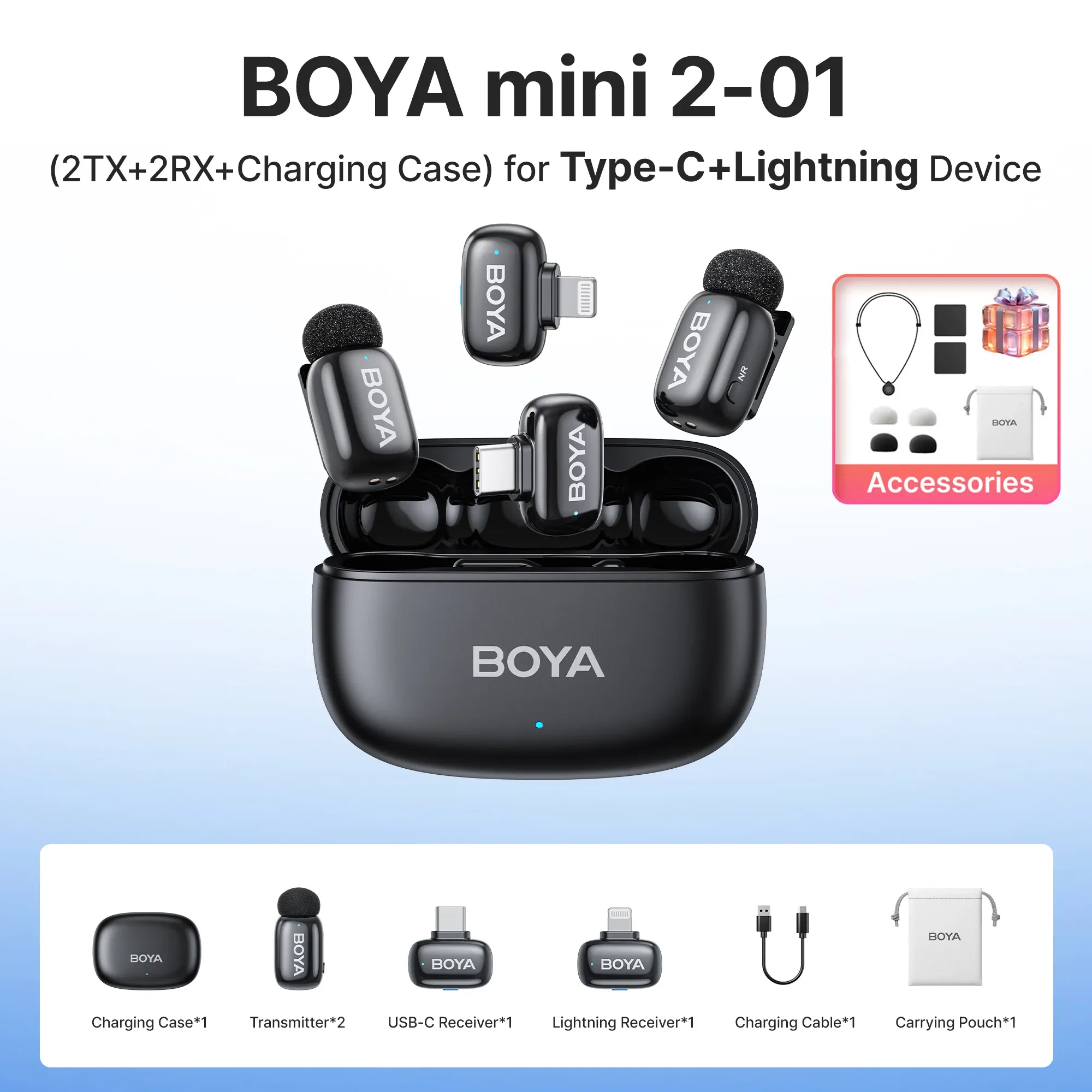 Microphone cravate sans fil BOYA Mini 2 à réduction de bruit par IA, compatible iPhone et Android, connecteur USB-C pour l'enregistrement vidéo 21