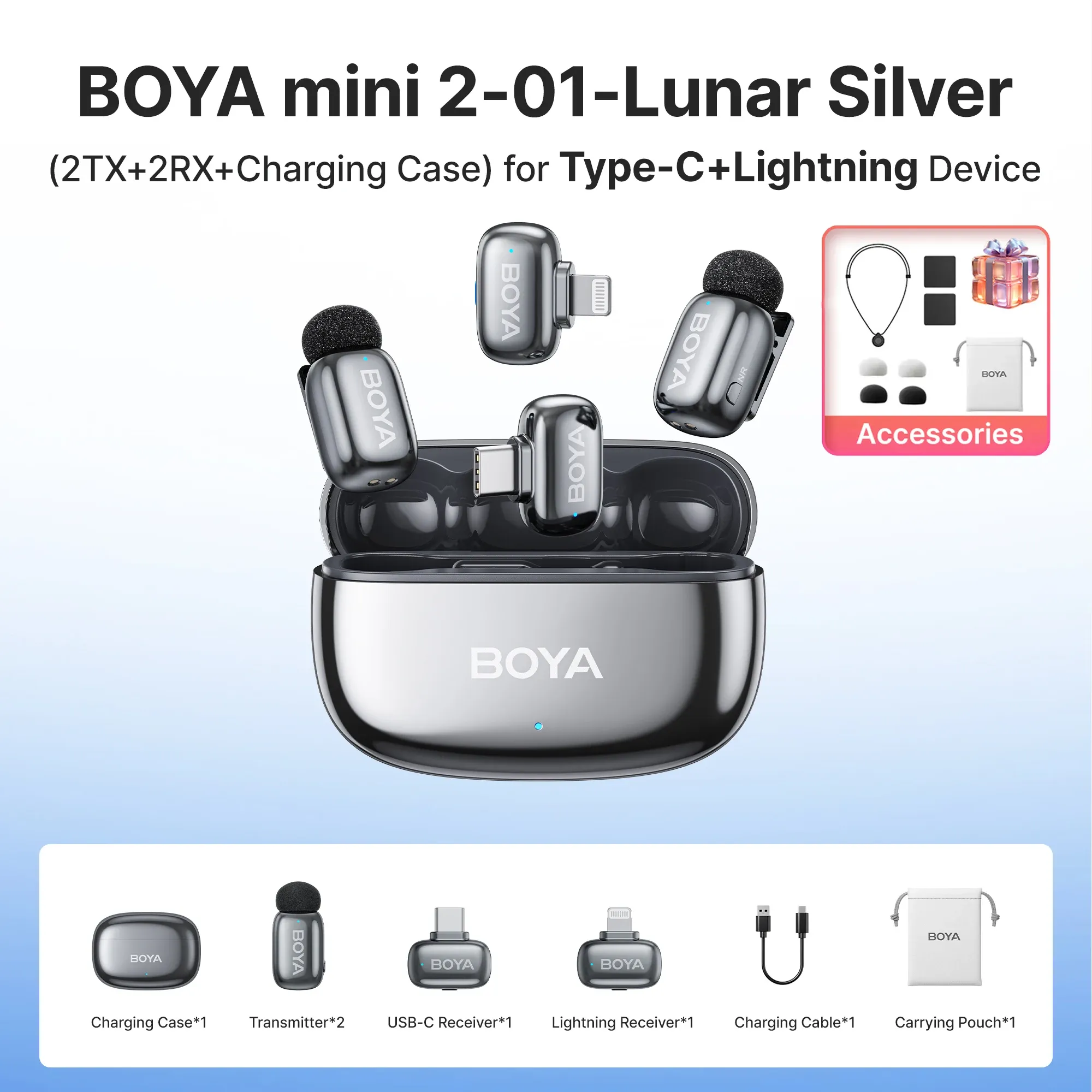 Microphone cravate sans fil BOYA Mini 2 à réduction de bruit par IA, compatible iPhone et Android, connecteur USB-C pour l'enregistrement vidéo 22