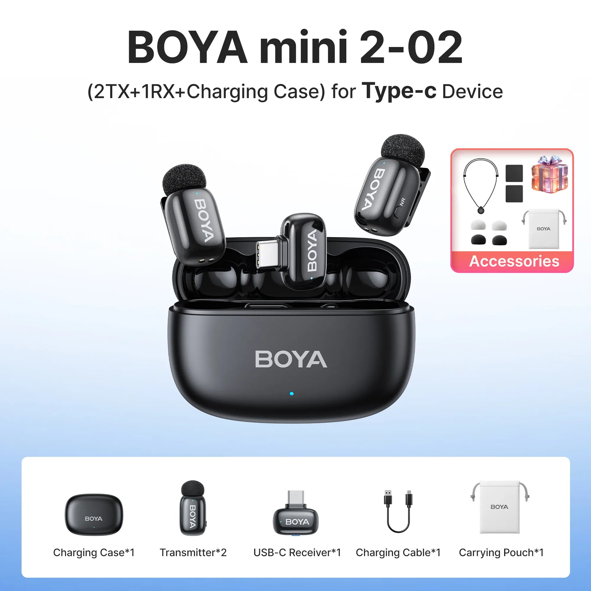 Microphone cravate sans fil BOYA Mini 2 à réduction de bruit par IA, compatible iPhone et Android, connecteur USB-C pour l'enregistrement vidéo 15