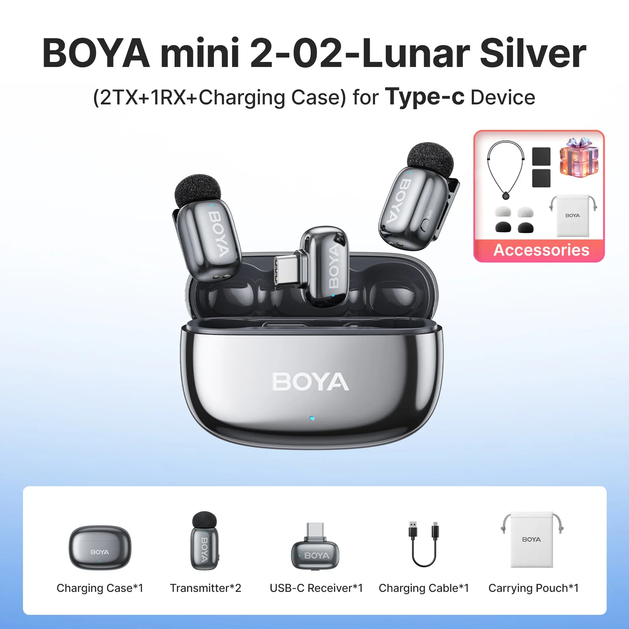 Microphone cravate sans fil BOYA Mini 2 à réduction de bruit par IA, compatible iPhone et Android, connecteur USB-C pour l'enregistrement vidéo 16