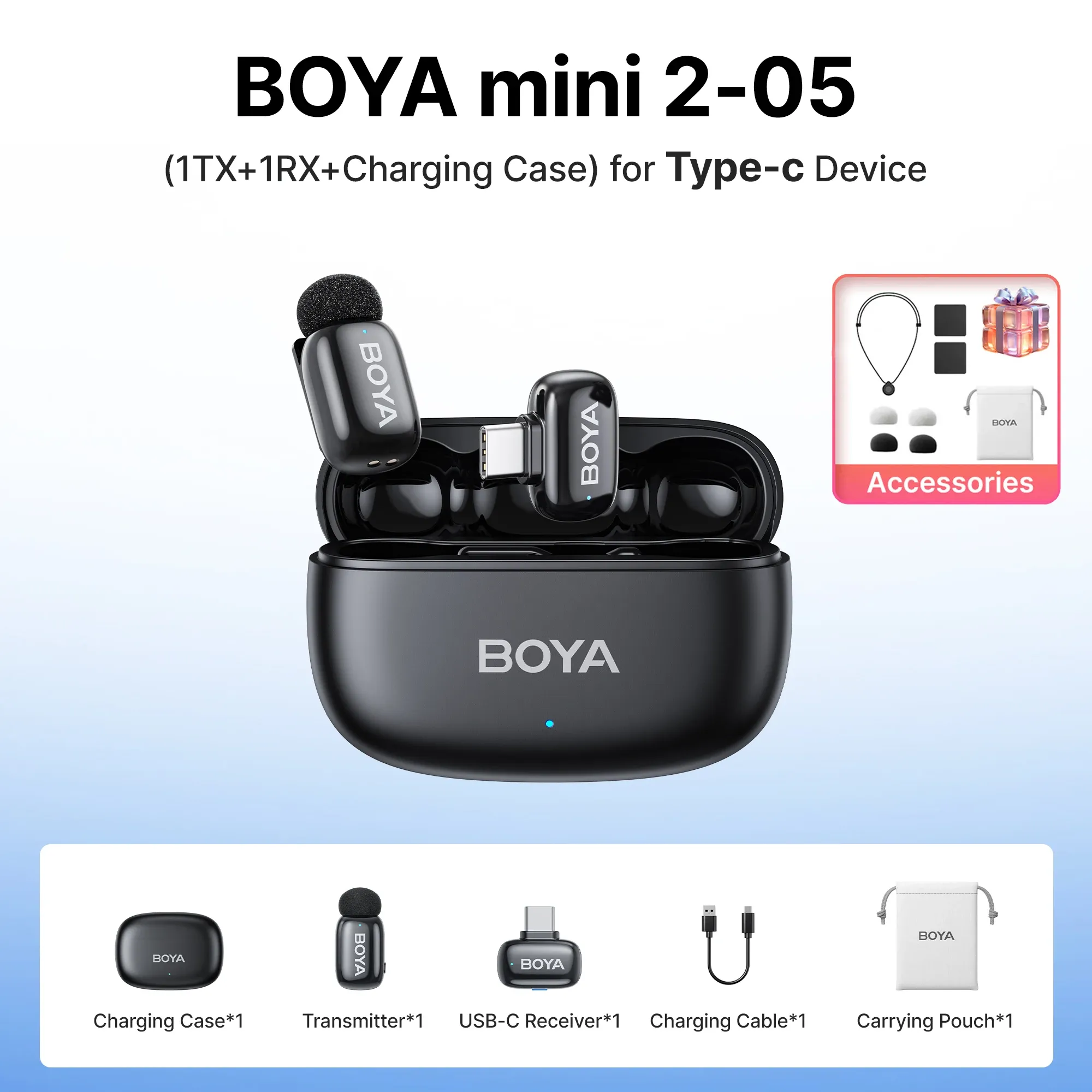 Microphone cravate sans fil BOYA Mini 2 à réduction de bruit par IA, compatible iPhone et Android, connecteur USB-C pour l'enregistrement vidéo 24