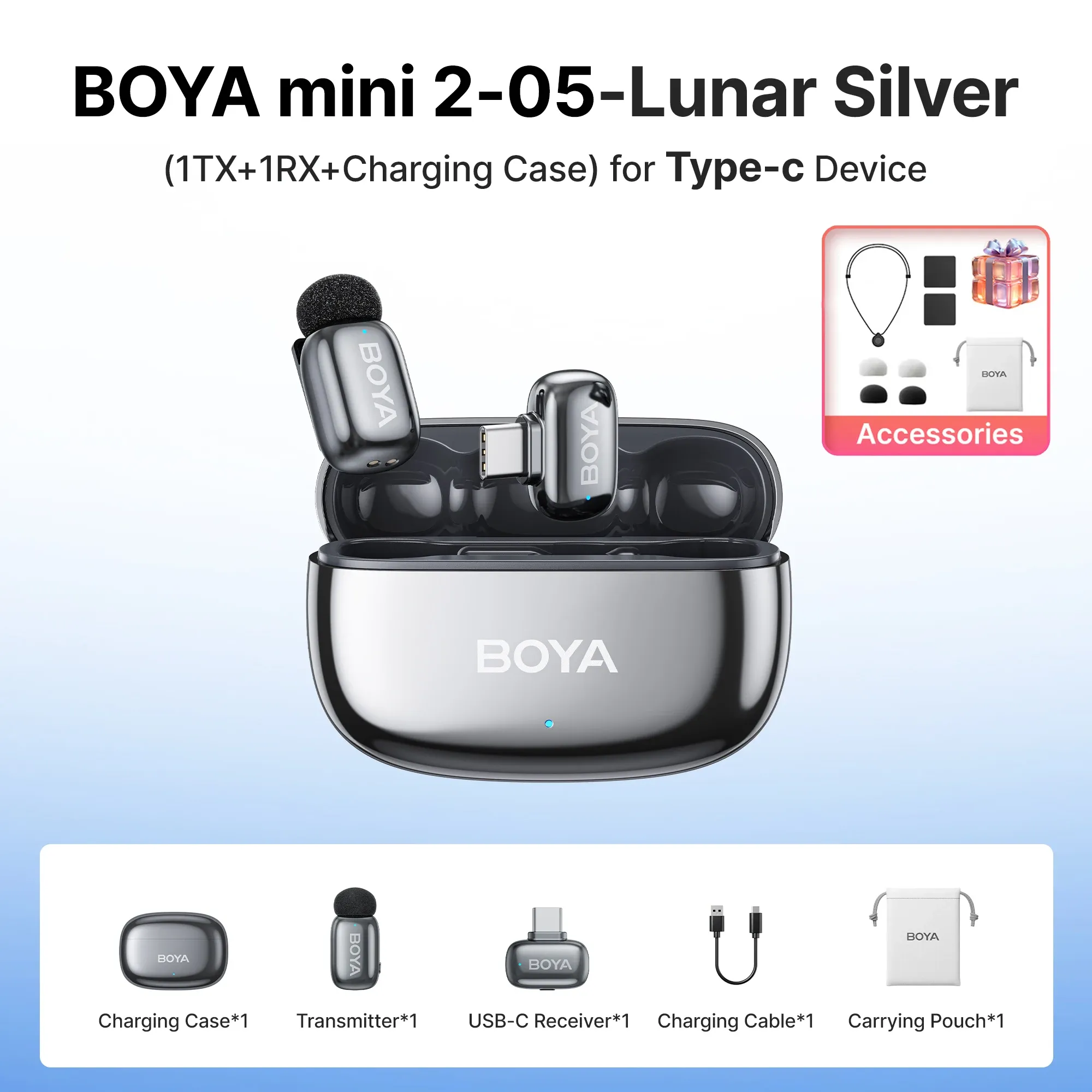 Microphone cravate sans fil BOYA Mini 2 à réduction de bruit par IA, compatible iPhone et Android, connecteur USB-C pour l'enregistrement vidéo 25