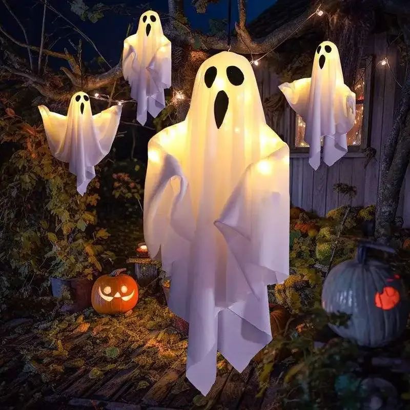 Fantômes LED suspendus blancs brillants pour Halloween, avec lumière féerique, décoration d'extérieur et d'intérieur pour maison hantée 3