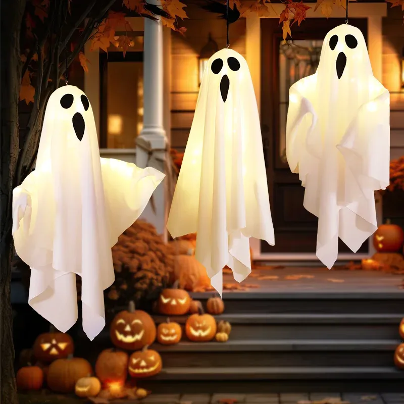 Fantômes LED suspendus blancs brillants pour Halloween, avec lumière féerique, décoration d'extérieur et d'intérieur pour maison hantée