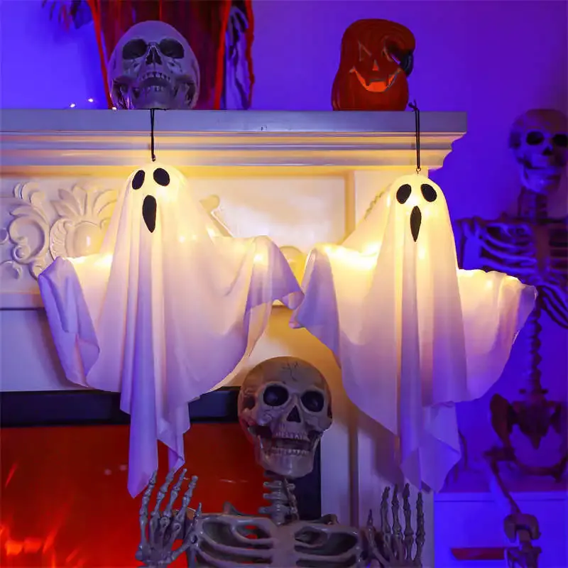 Fantômes LED suspendus blancs brillants pour Halloween, avec lumière féerique, décoration d'extérieur et d'intérieur pour maison hantée 4