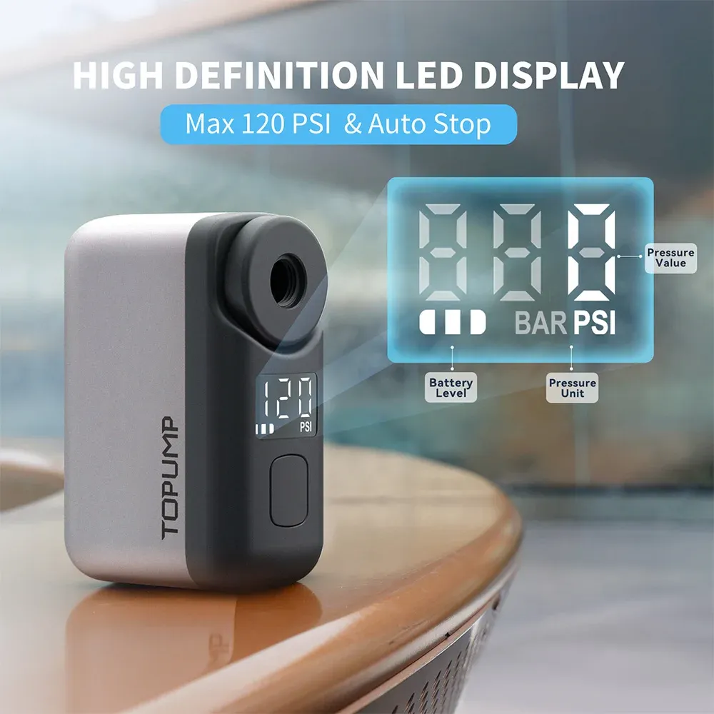 TOPUMP TB2 PRO Mini Pompe Électrique Portable sans Fil pour Vélo, 120 PSI, Batterie 450 mAh avec Écran et Charge Rapide 4