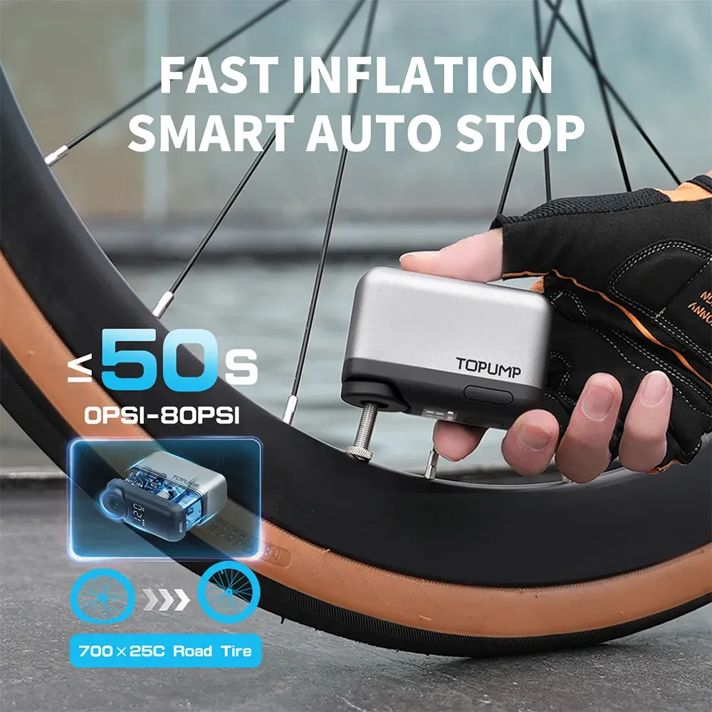 TOPUMP TB2 PRO Mini Pompe Électrique Portable sans Fil pour Vélo, 120 PSI, Batterie 450 mAh avec Écran et Charge Rapide 5