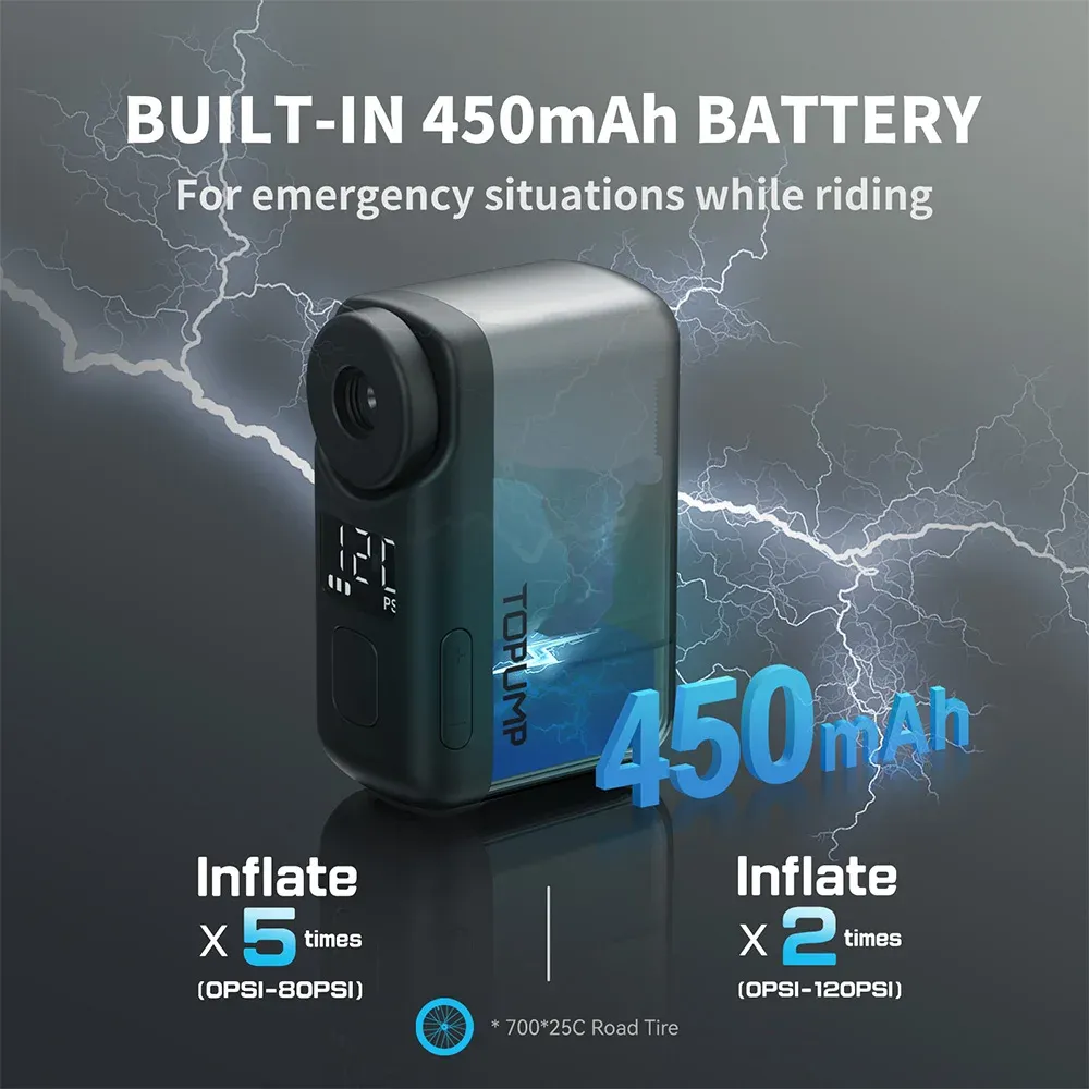 TOPUMP TB2 PRO Mini Pompe Électrique Portable sans Fil pour Vélo, 120 PSI, Batterie 450 mAh avec Écran et Charge Rapide 6