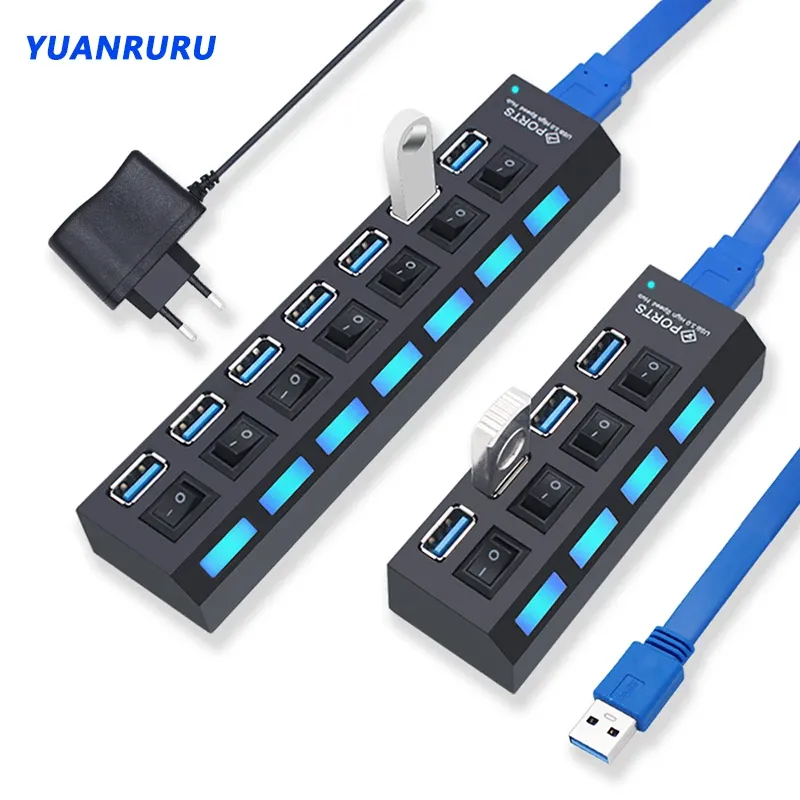 Hub USB 3.0 à 4 ou 7 ports avec interrupteur et adaptateur d'alimentation pour PC 1