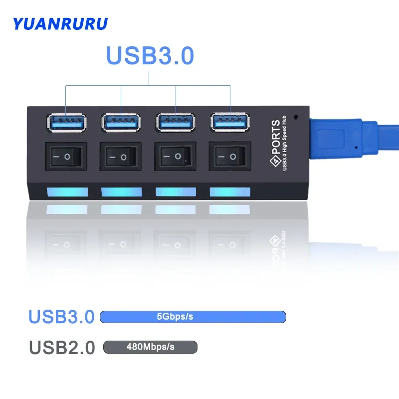 Hub USB 3.0 à 4 ou 7 ports avec interrupteur et adaptateur d'alimentation pour PC 2