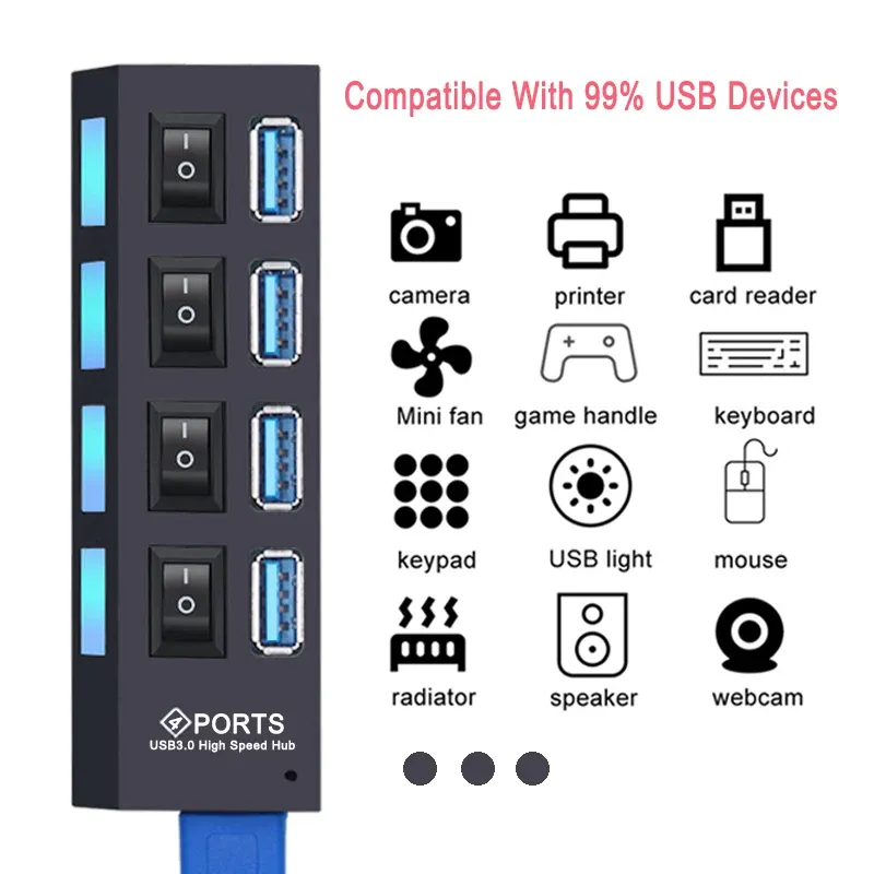 Hub USB 3.0 à 4 ou 7 ports avec interrupteur et adaptateur d'alimentation pour PC 3