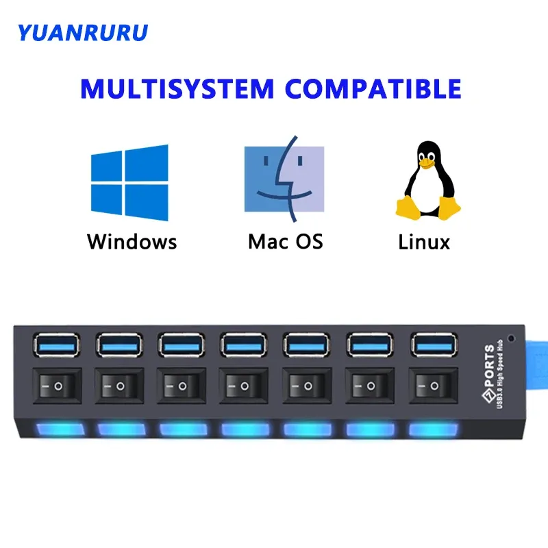 Hub USB 3.0 à 4 ou 7 ports avec interrupteur et adaptateur d'alimentation pour PC 4