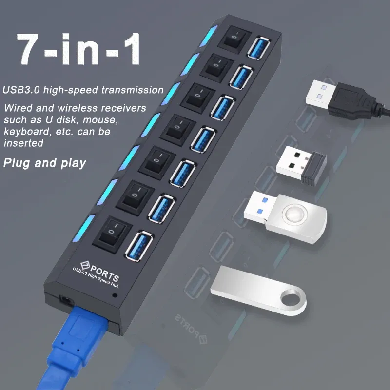 Hub USB 3.0 à 4 ou 7 ports avec interrupteur et adaptateur d'alimentation pour PC 5
