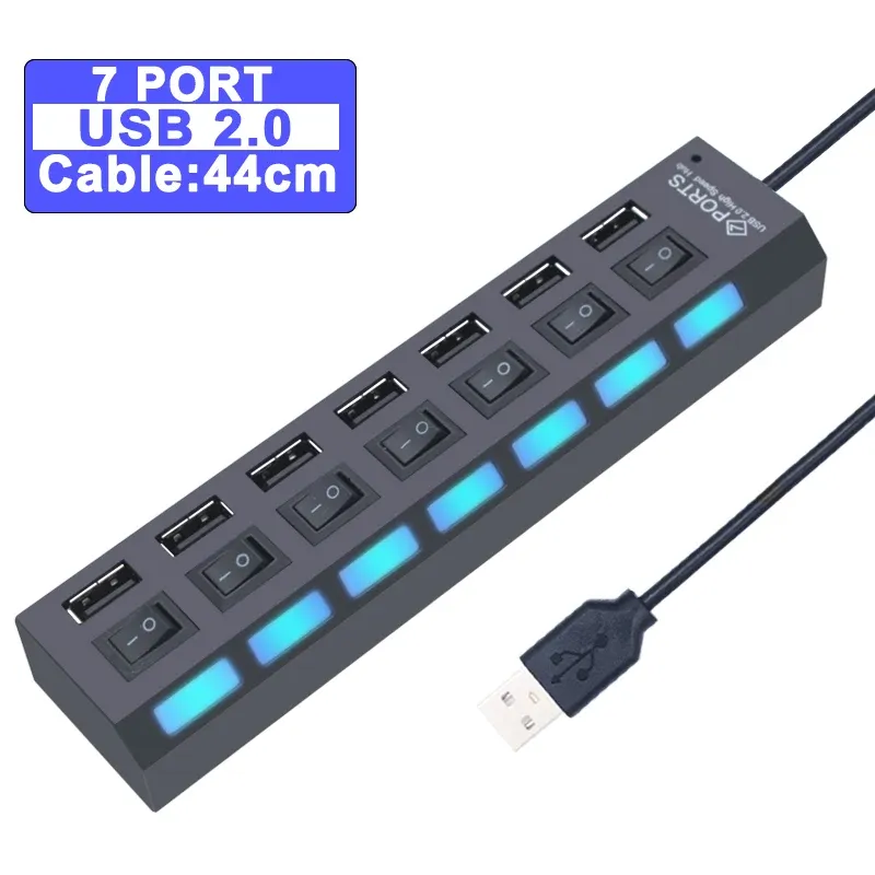 Hub USB 3.0 à 4 ou 7 ports avec interrupteur et adaptateur d'alimentation pour PC 7