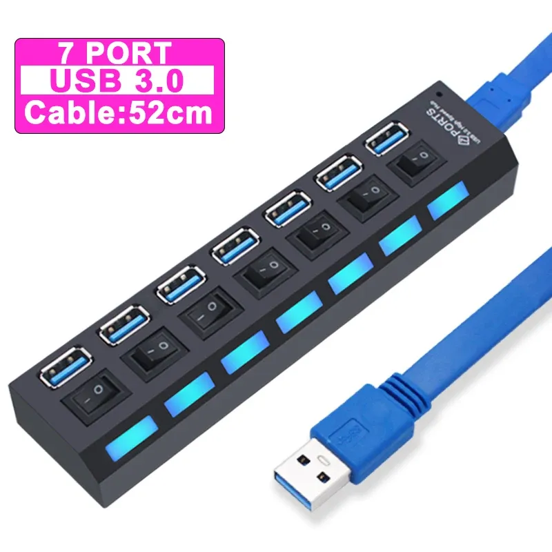 Hub USB 3.0 à 4 ou 7 ports avec interrupteur et adaptateur d'alimentation pour PC 9