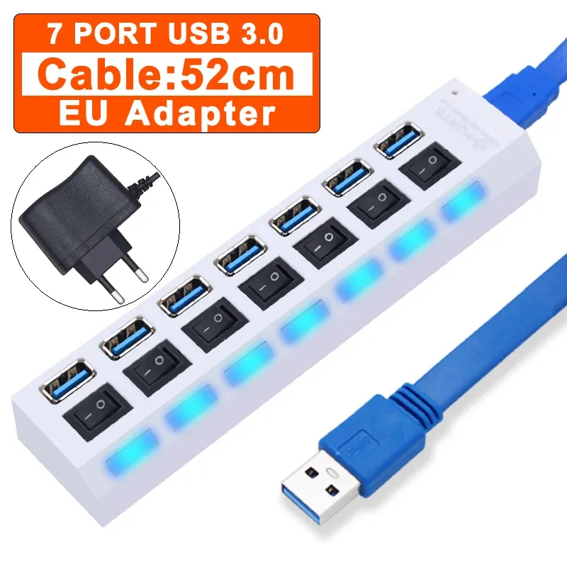 Hub USB 3.0 à 4 ou 7 ports avec interrupteur et adaptateur d'alimentation pour PC 14