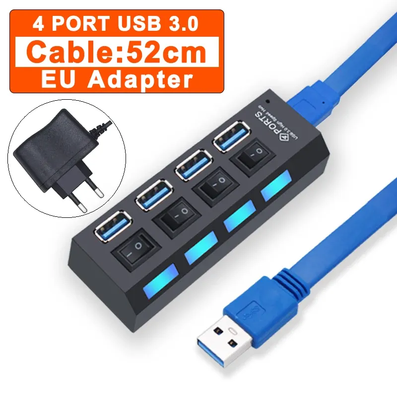 Hub USB 3.0 à 4 ou 7 ports avec interrupteur et adaptateur d'alimentation pour PC 16
