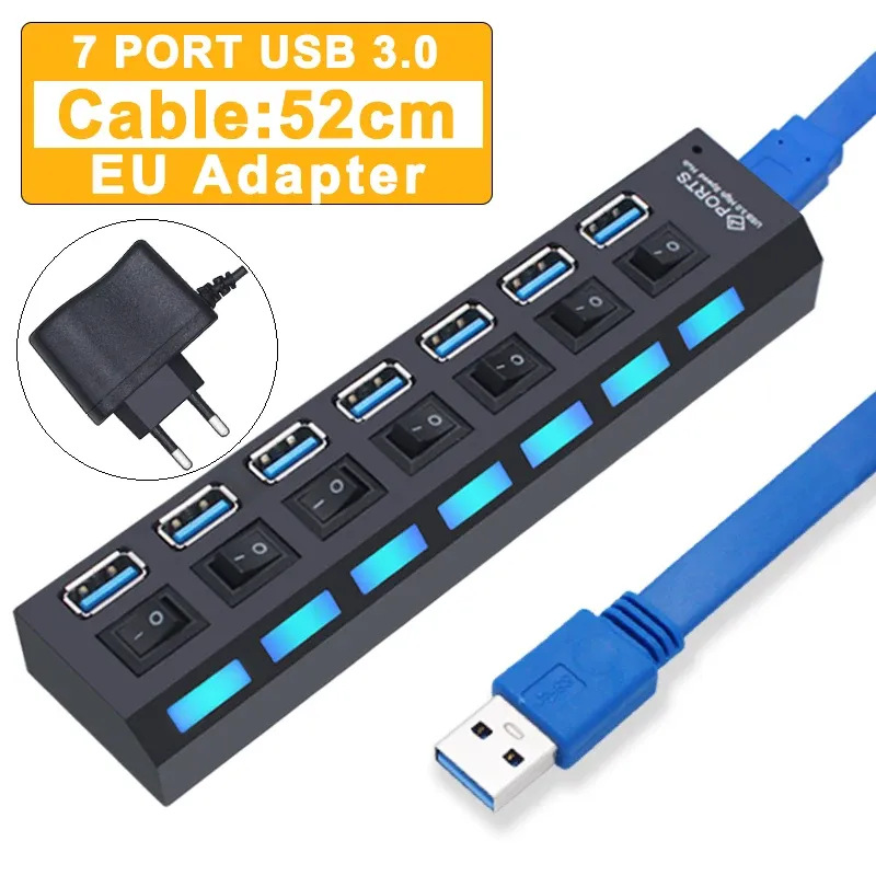 Hub USB 3.0 à 4 ou 7 ports avec interrupteur et adaptateur d'alimentation pour PC 15