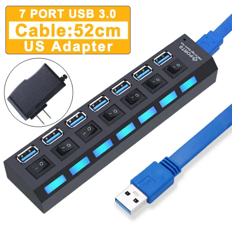 Hub USB 3.0 à 4 ou 7 ports avec interrupteur et adaptateur d'alimentation pour PC 17