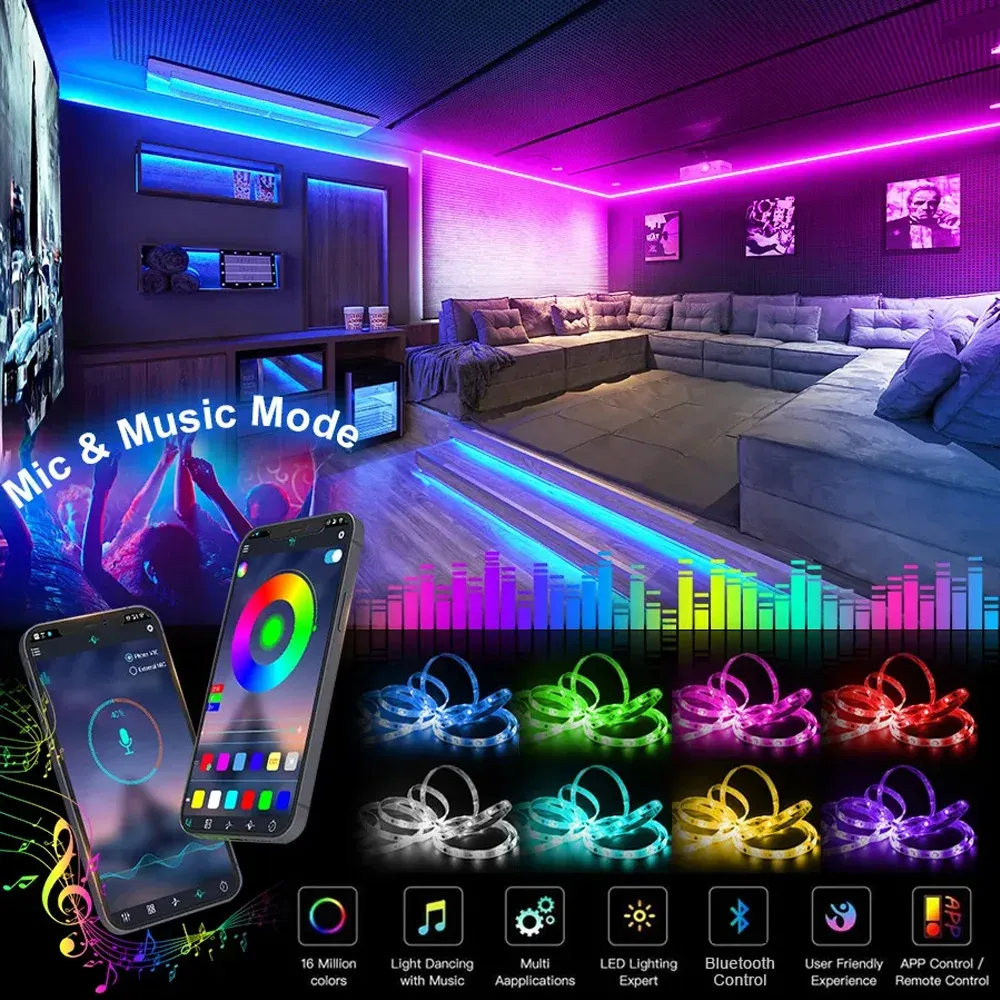 Bande LED RGB 5050 Bluetooth pour décoration de pièce, longueurs 10 m, 15 m, 20 m et 30 m, rétroéclairage pour PC et TV 4