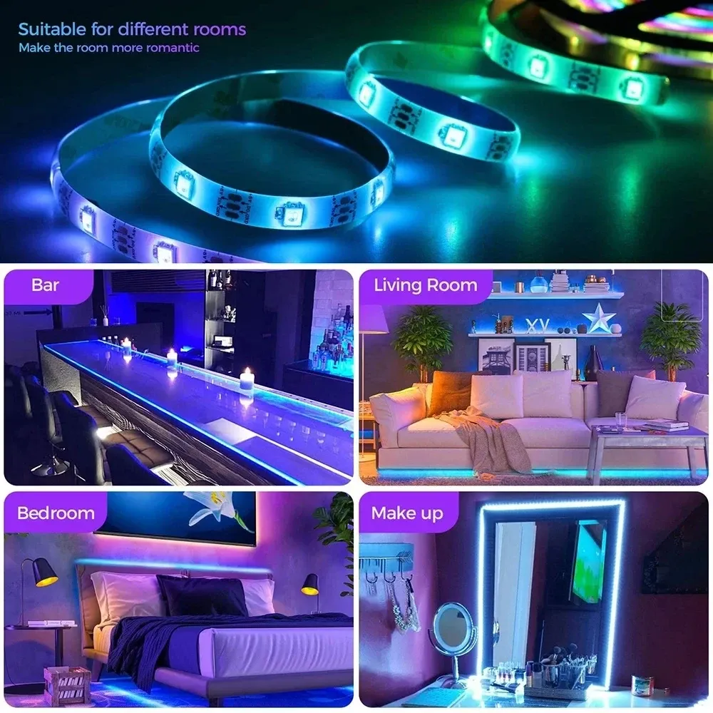 Bande LED RGB 5050 Bluetooth pour décoration de pièce, longueurs 10 m, 15 m, 20 m et 30 m, rétroéclairage pour PC et TV 6