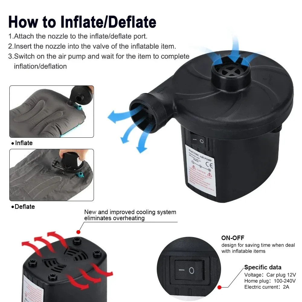 Pompe à air électrique portable haute pression, gonflage et dégonflage rapides pour matelas pneumatiques, bateaux gonflables et flotteurs de piscine 2