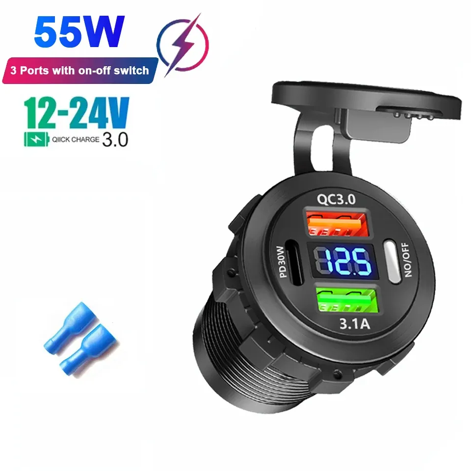 Le title is already in French, so the task is to produce a clean, professional version. Output:

Prise allume-cigare double USB-C et double USB 4 ports, charge rapide, étanche, avec voltmètre 12 V/24 V, pour voiture, bateau et moto 8