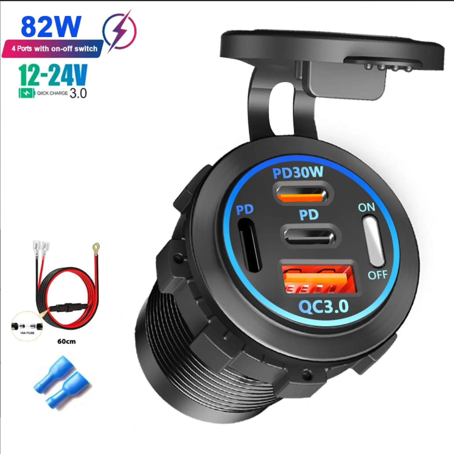 Le title is already in French, so the task is to produce a clean, professional version. Output:

Prise allume-cigare double USB-C et double USB 4 ports, charge rapide, étanche, avec voltmètre 12 V/24 V, pour voiture, bateau et moto 15