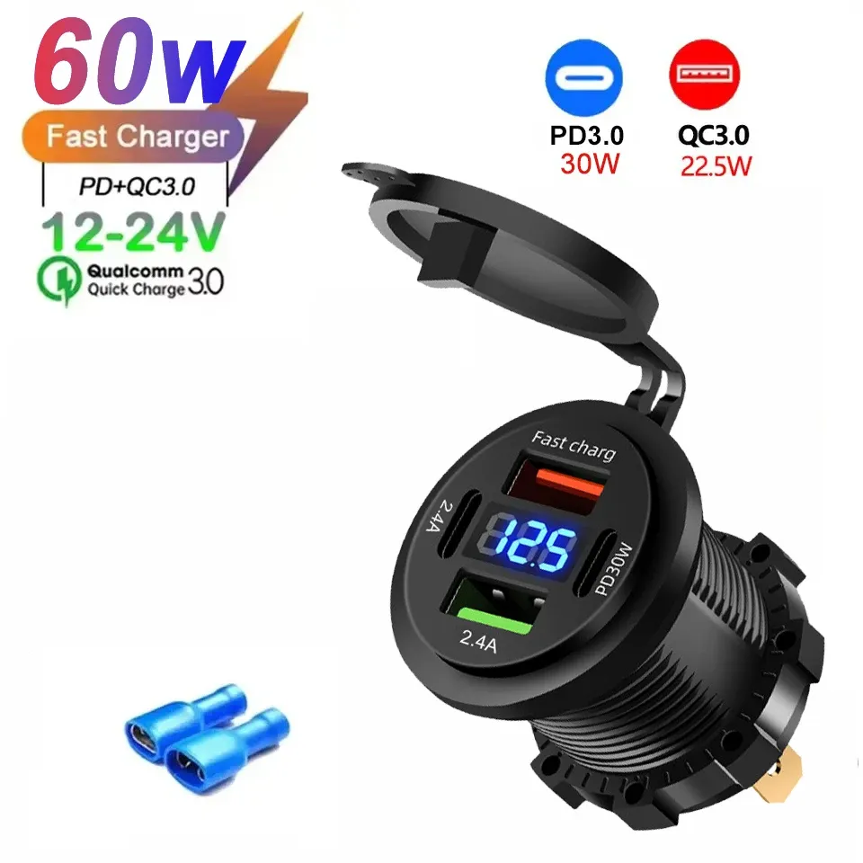 Le title is already in French, so the task is to produce a clean, professional version. Output:

Prise allume-cigare double USB-C et double USB 4 ports, charge rapide, étanche, avec voltmètre 12 V/24 V, pour voiture, bateau et moto 7