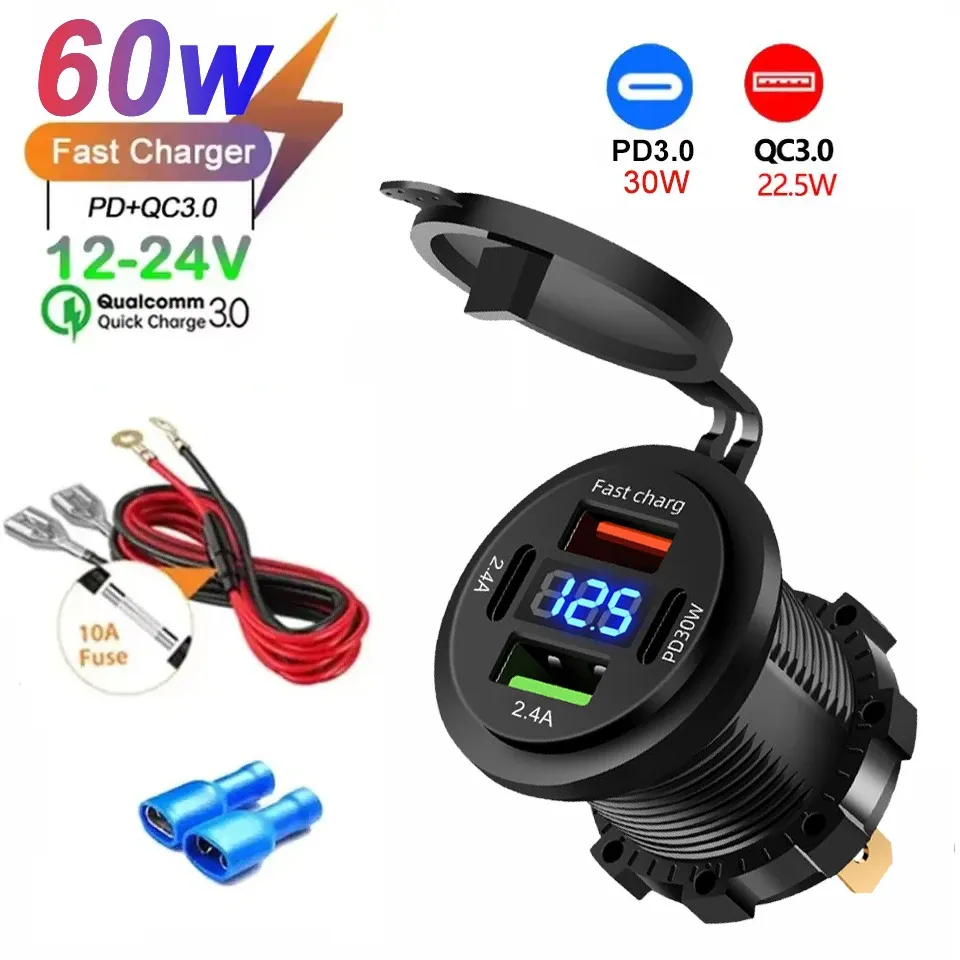 Le title is already in French, so the task is to produce a clean, professional version. Output:

Prise allume-cigare double USB-C et double USB 4 ports, charge rapide, étanche, avec voltmètre 12 V/24 V, pour voiture, bateau et moto 10