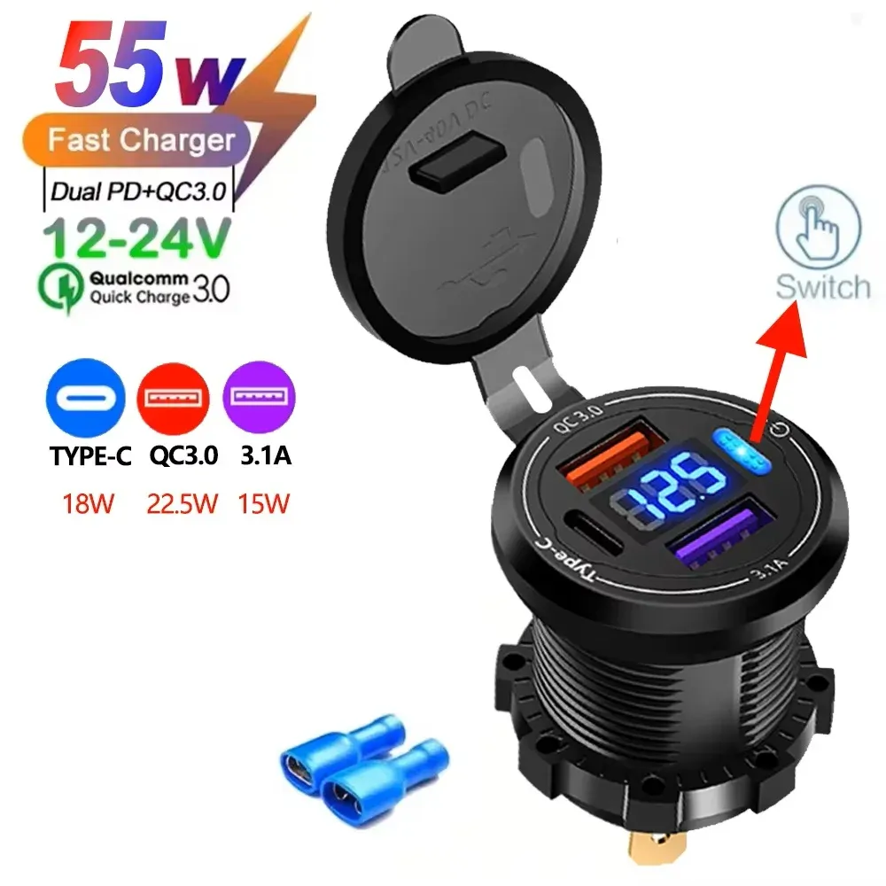 Le title is already in French, so the task is to produce a clean, professional version. Output:

Prise allume-cigare double USB-C et double USB 4 ports, charge rapide, étanche, avec voltmètre 12 V/24 V, pour voiture, bateau et moto 13