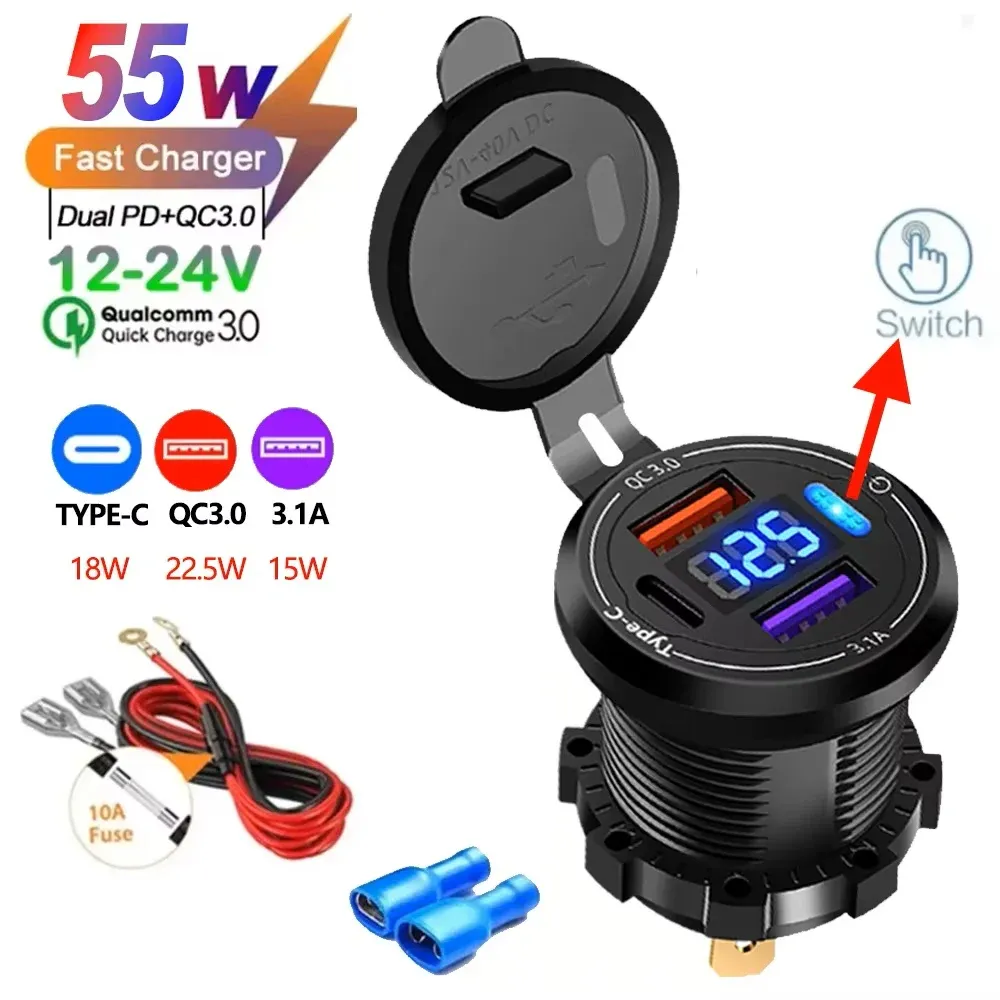 Le title is already in French, so the task is to produce a clean, professional version. Output:

Prise allume-cigare double USB-C et double USB 4 ports, charge rapide, étanche, avec voltmètre 12 V/24 V, pour voiture, bateau et moto 11