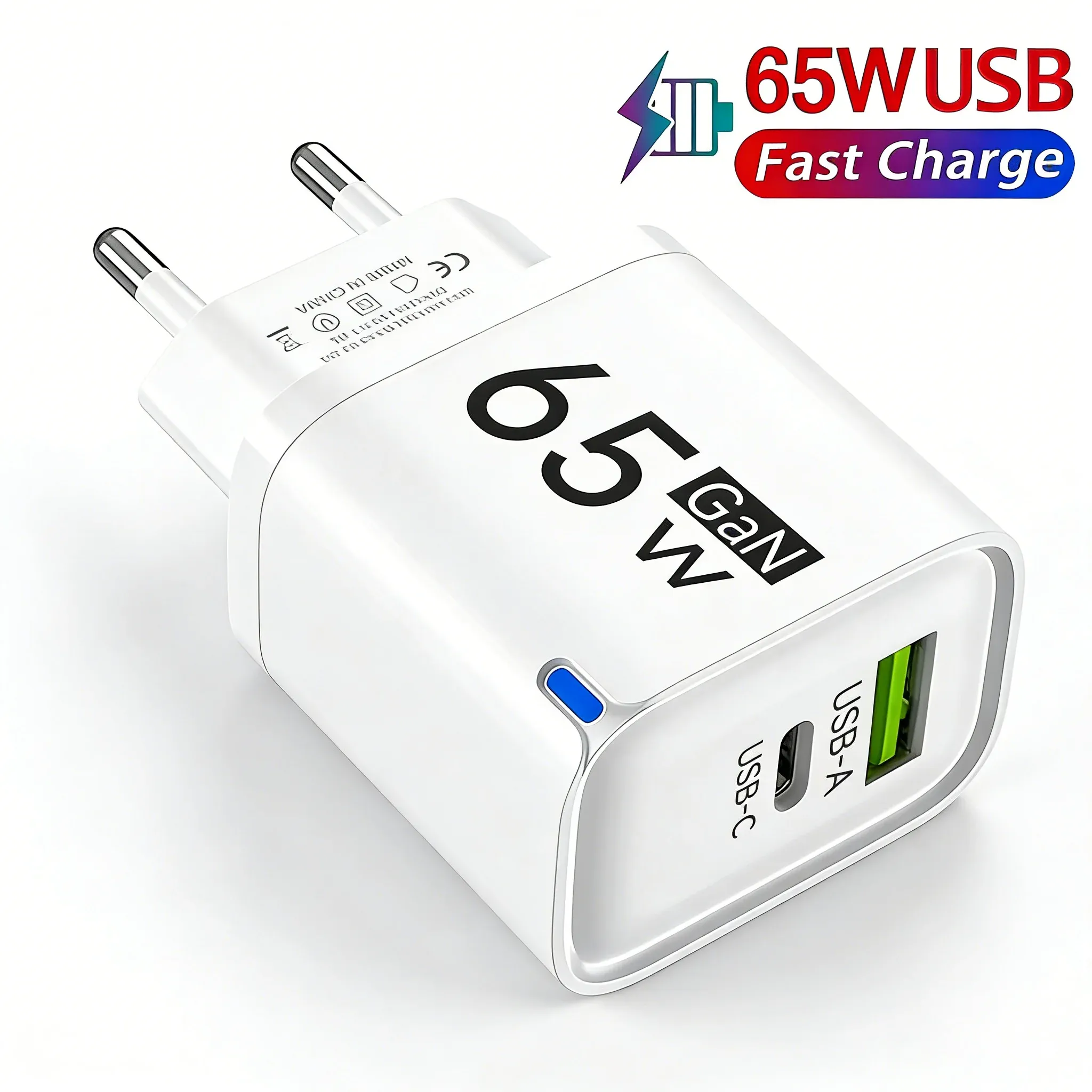 Chargeur USB-C GaN 65 W à 3 ports, adaptateur mural à charge rapide QC 3.0 pour smartphones, compatible iPhone, Samsung, Xiaomi et Huawei, prises UE, US et UK