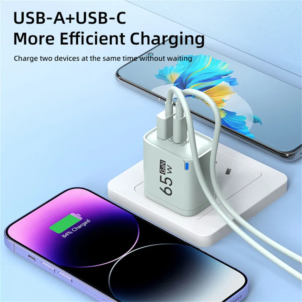 Chargeur USB-C GaN 65 W à 3 ports, adaptateur mural à charge rapide QC 3.0 pour smartphones, compatible iPhone, Samsung, Xiaomi et Huawei, prises UE, US et UK 4