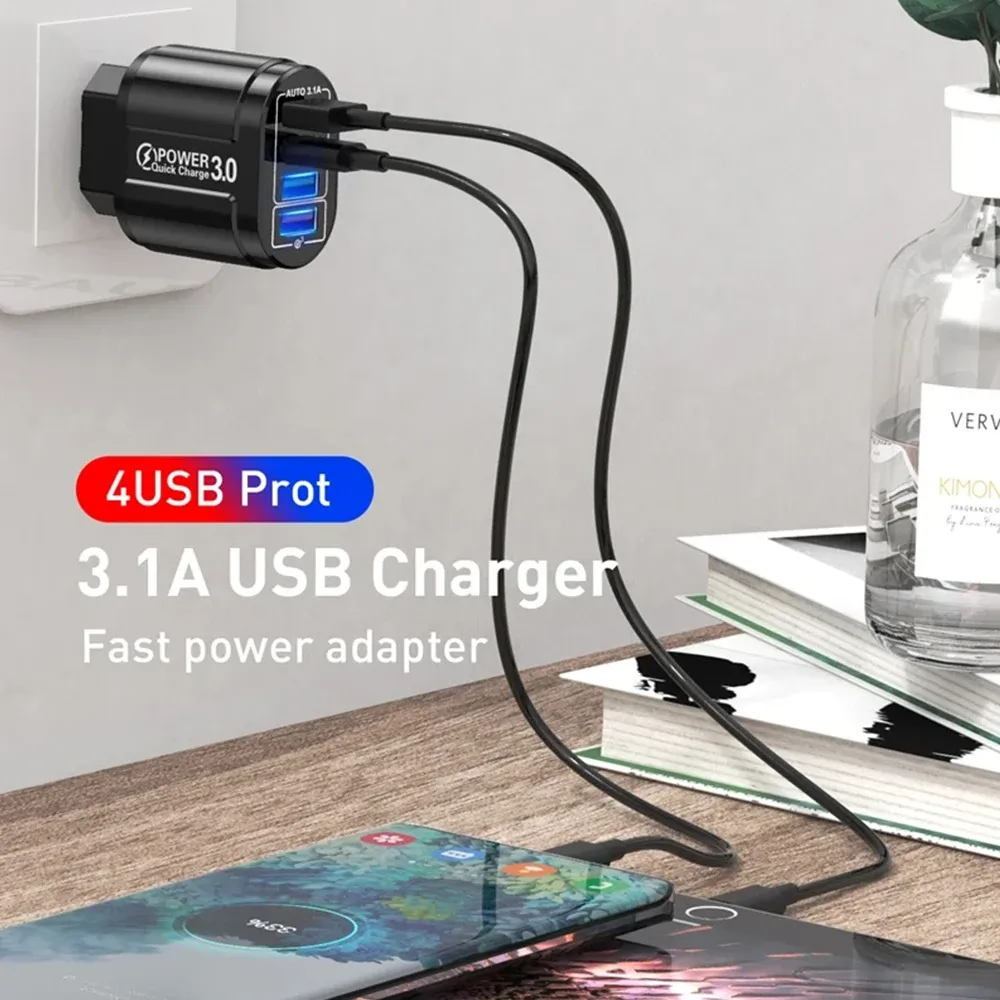 Chargeur de voyage portable QC 3.0 à charge rapide, 4 ports USB, 48 W, norme européenne, compatible Android, iPhone, Xiaomi et autres appareils 2