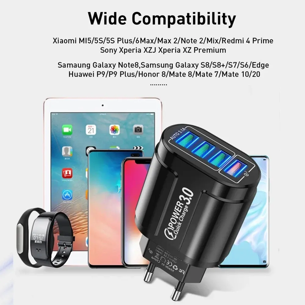Chargeur de voyage portable QC 3.0 à charge rapide, 4 ports USB, 48 W, norme européenne, compatible Android, iPhone, Xiaomi et autres appareils 6