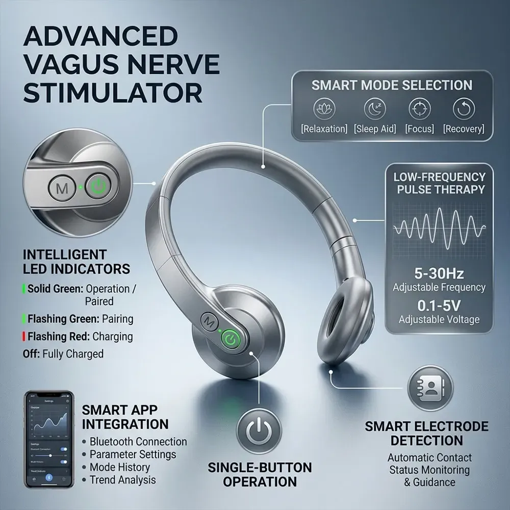 Stimulateur intelligent du nerf vague et masseur cervical – Masseur de cou à impulsions basse fréquence, 4 modes : Relaxation, Sommeil, Concentration, Récupération