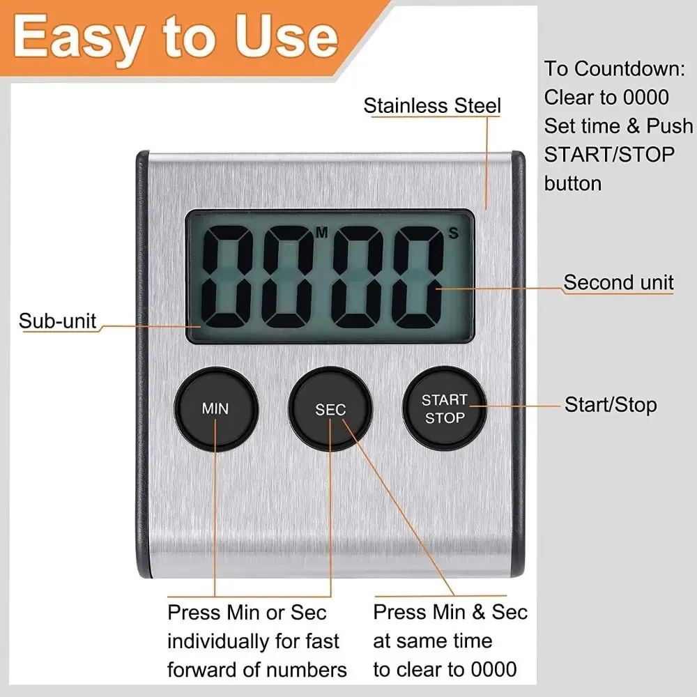 Minuteur de cuisine numérique magnétique avec support rétractable, alarme puissante, compte à rebours et chronomètre, étanche, pour la cuisson et le sport 2