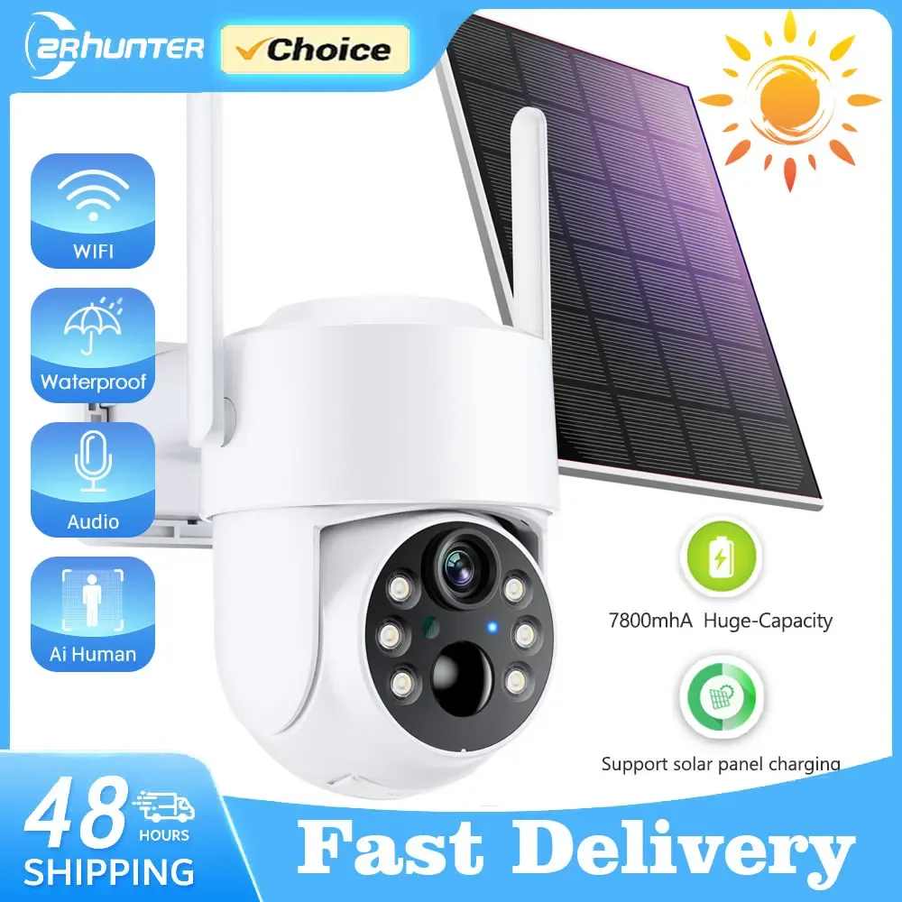 Caméra de surveillance IP WiFi PTZ solaire sans fil extérieure 4MP HD avec batterie intégrée, longue autonomie en veille, application iCsee