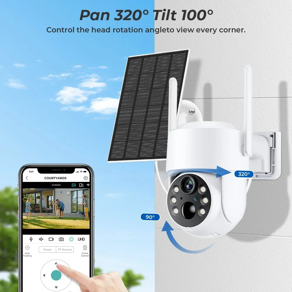Caméra de surveillance IP WiFi PTZ solaire sans fil extérieure 4MP HD avec batterie intégrée, longue autonomie en veille, application iCsee 3