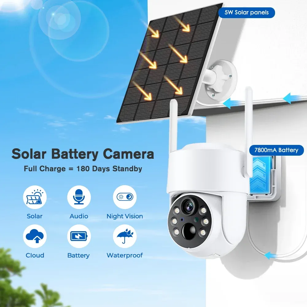 Caméra de surveillance IP WiFi PTZ solaire sans fil extérieure 4MP HD avec batterie intégrée, longue autonomie en veille, application iCsee 2