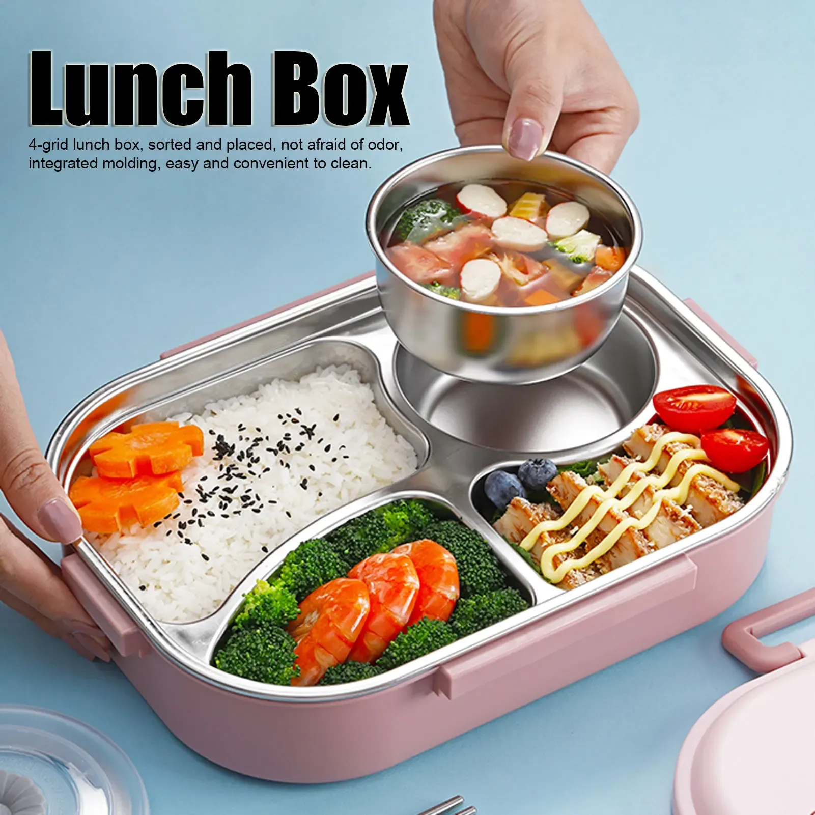 Récipient de stockage alimentaire en acier inoxydable avec 4 compartiments extensibles, boîte à lunch portable et boîte bento pour étudiants et adultes - Image 1