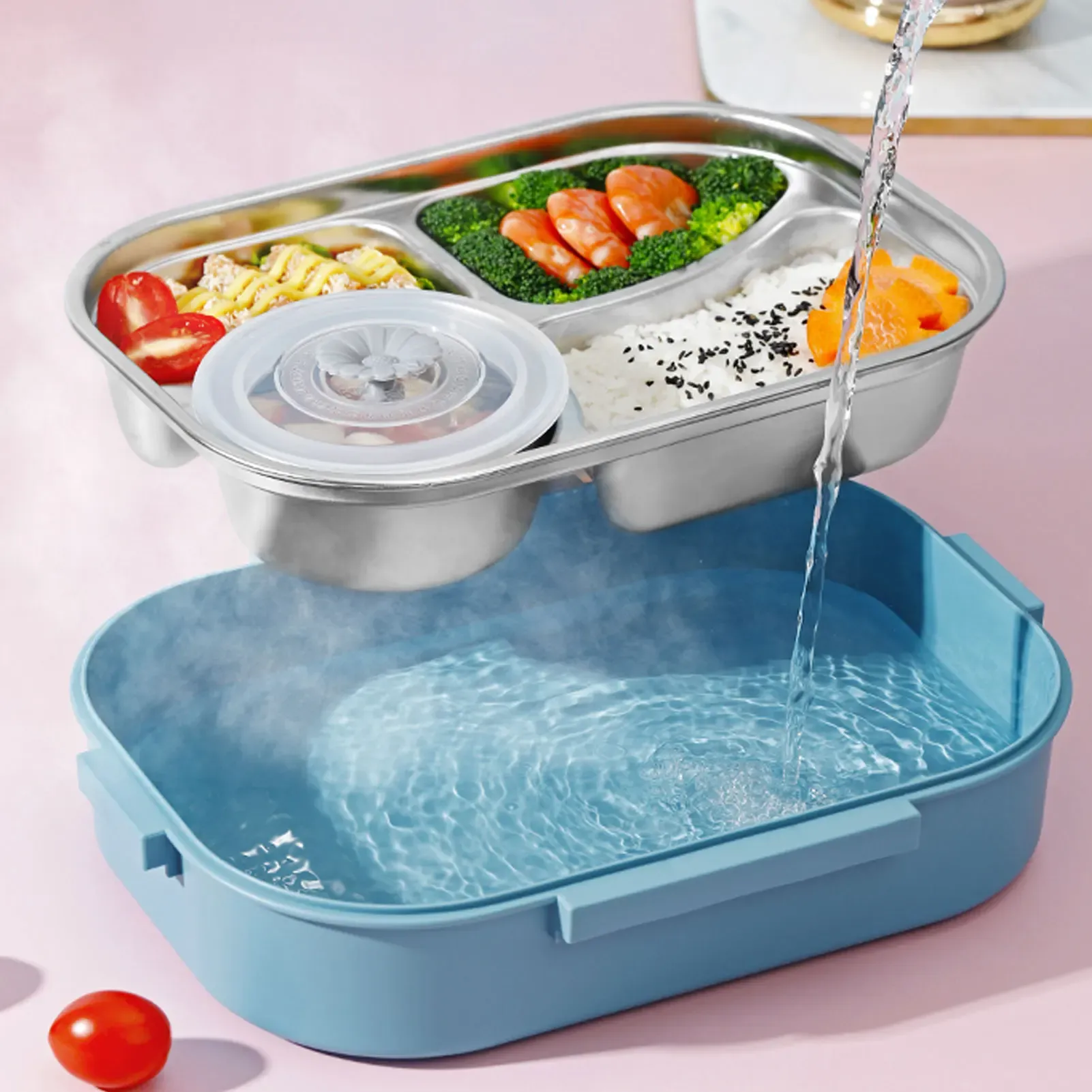 Récipient de stockage alimentaire en acier inoxydable avec 4 compartiments extensibles, boîte à lunch portable et boîte bento pour étudiants et adultes 2