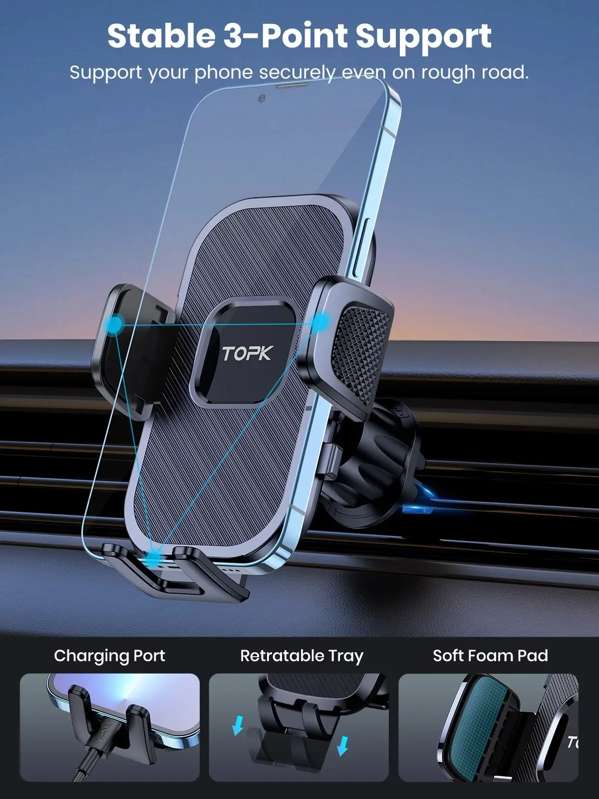 Support de téléphone pour voiture TOPK, compatibilité smartphones