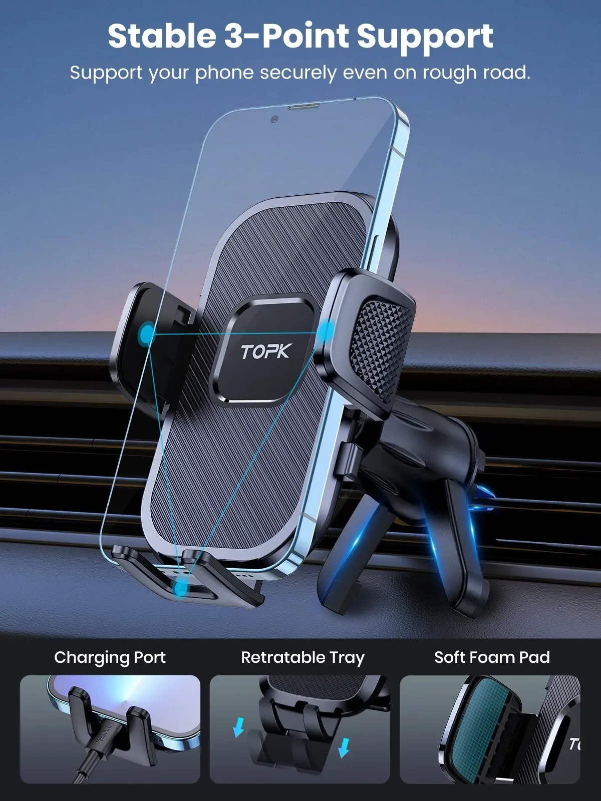 Support de téléphone pour voiture TOPK, maintien stable
