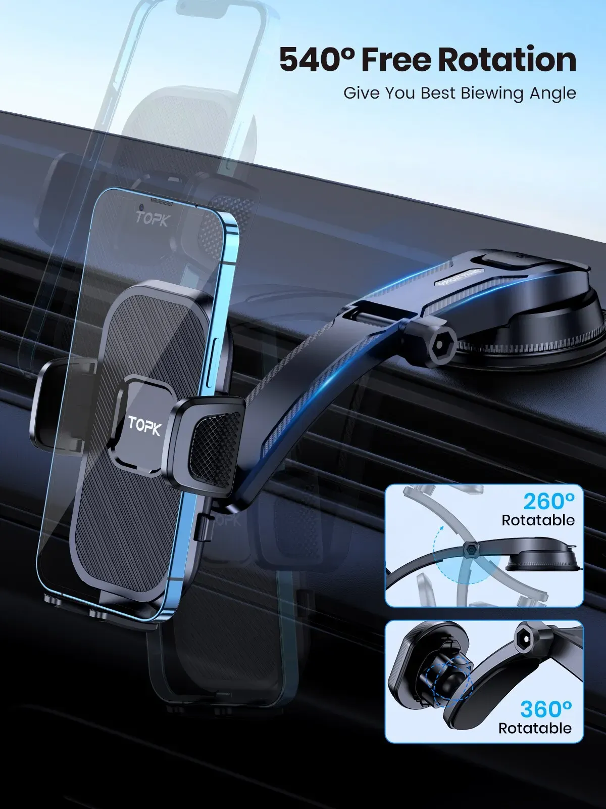 Support de téléphone pour voiture TOPK, ventouse pare-brise