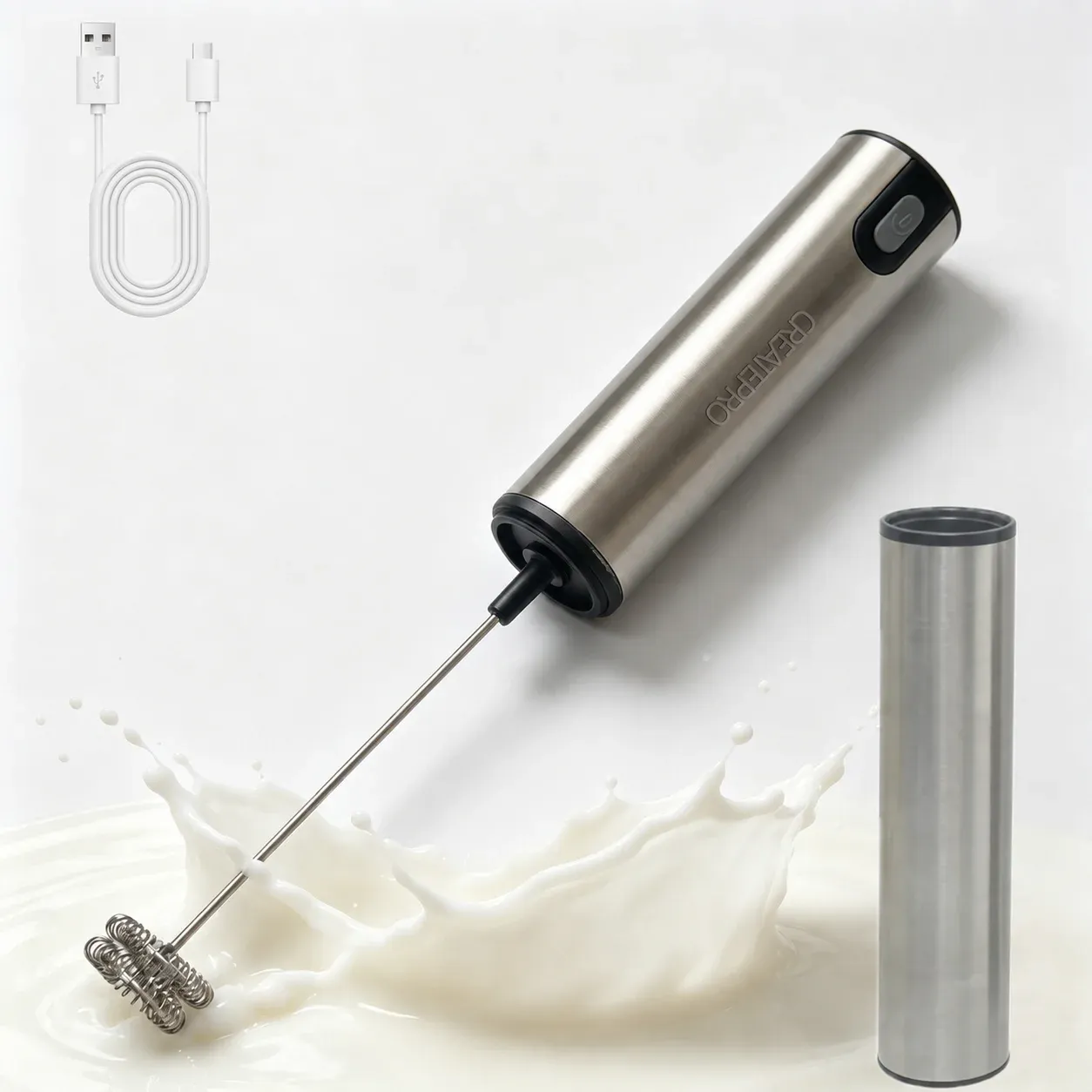 Mousseur à lait électrique portable en acier inoxydable, rechargeable par USB, avec couvercle de rangement, pour café et latte 1